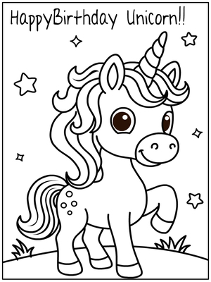 Unicorn coloring card perfect for magical birthdays.