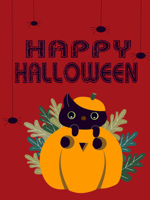 This Halloween card features a cute black cat in a pumpkin with spiders and "Happy Halloween" text
