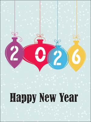 Colorful "2025 Happy New Year" card with hanging ornaments, perfect for festive greetings.