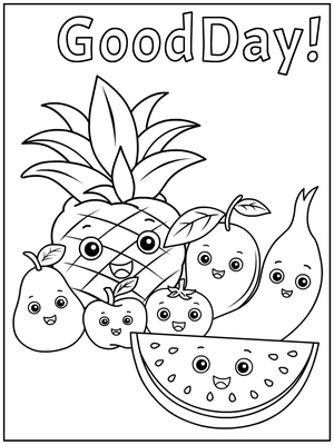 Coloring card! Featuring cheerful, personified fruit characters