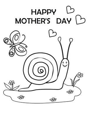 Mother's Day coloring card featuring a cute snail, butterfly, hearts, and flowers—perfect for kids!