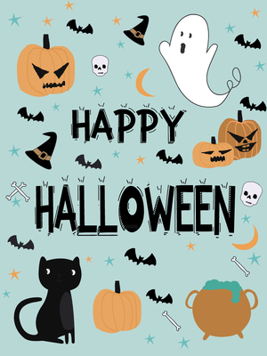 Fun Halloween card with cute ghosts, pumpkins, and bats