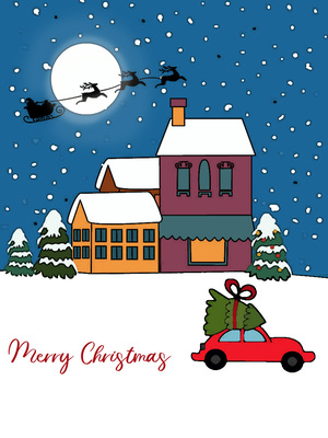 Christmas card featuring snowy charm, Santa’s sleigh, and a cozy home; perfect for holiday spirit!
