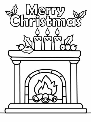 "Merry Christmas" coloring card with cozy fireplace scene—perfect for kids