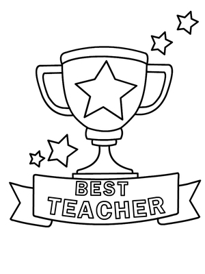 Coloring card featuring a trophy with stars and a banner that reads "BEST TEACHER".