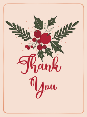 Elegant "Thank You" card with festive holly design, ideal for expressing gratitude.