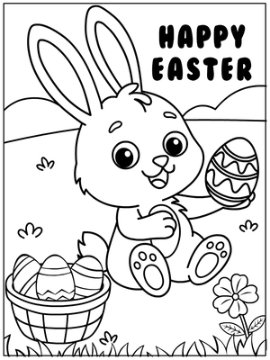 Adorable Easter bunny coloring card with eggs and flowers