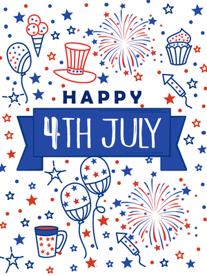 Festive 4th of July card with patriotic icons & colors