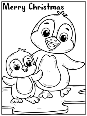 Christmas coloring card with two happy penguins on the ice!