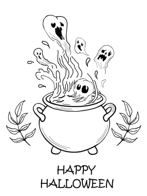 Spooky cauldron brews up ghostly fun—perfect Halloween Coloring card