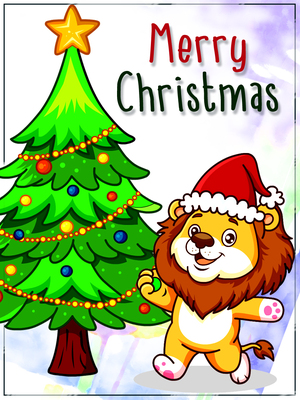 Merry Christmas - Cute cartoon lion in Santa hat with Christmas tree