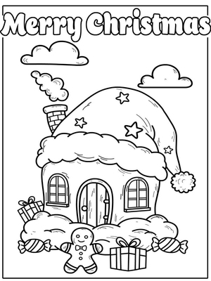 “Festive Christmas coloring card featuring a gingerbread house, gifts, and candy for holiday fun!