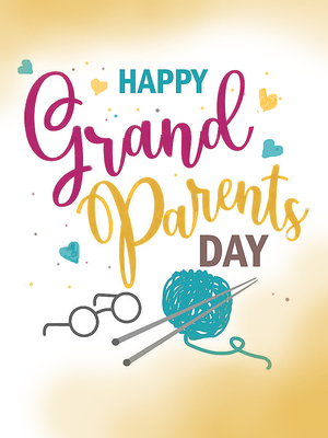 Cheerful Grandparents Day card with warm colors, family icons