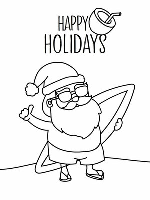 A fun holiday-themed coloring card featuring a surfing Santa, ideal for kids