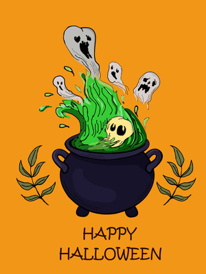 Spooky cauldron brews up ghostly fun—Halloween card