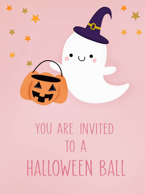 Halloween invite featuring a cute ghost with a jack-o'-lantern and stars, creating a festive tone.