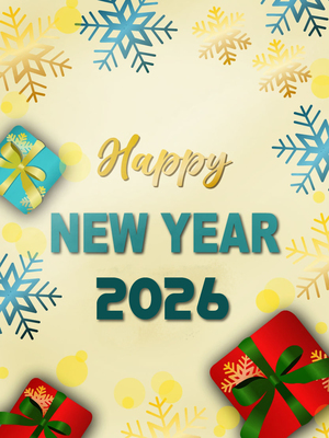 Festive New Year 2025 printable card; colorful snowflakes and gifts, perfect to celebrate and share.