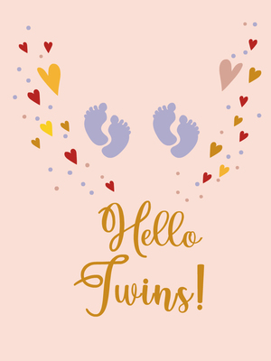 Adorable twins card featuring baby footprints and hearts