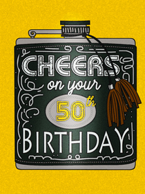 A vibrant and fun card design celebrating a 50th birthday, featuring a bold, retro style