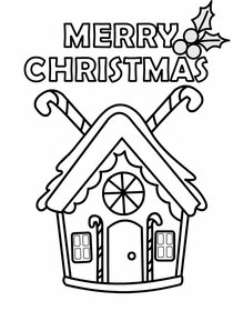 This "Merry Christmas" printable coloring card features a gingerbread house with candy canes