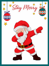 Santa with ornaments, stars, and "Stay Merry" text. Festive, and trendy Christmas card design