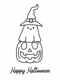 Cute Halloween coloring card for kids; fun ghost and pumpkin design, perfect activity.