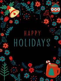 This "Happy Holidays" printable card has a vibrant, festive decorative design, for a holiday spirit