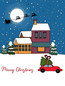 Christmas card featuring snowy charm, Santa’s sleigh, and a cozy home; perfect for holiday spirit!
