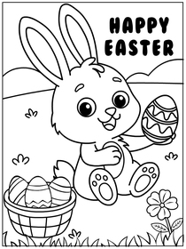 Adorable Easter bunny coloring card with eggs and flowers