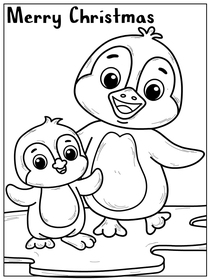 Christmas coloring card with two happy penguins on the ice!