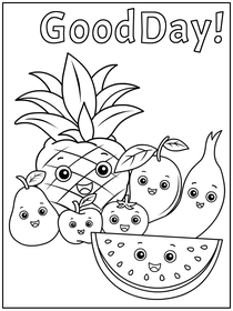Good Day coloring card! Featuring cheerful, personified fruit characters