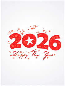 "2025 Happy New Year" card with bold, festive red design and stars, ideal for celebratory greetings.