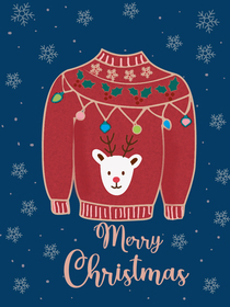 Festive Merry Christmas card with a cute reindeer sweater design. Perfect for sharing holiday cheer