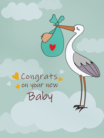 Adorable new baby card with stork and heart design
