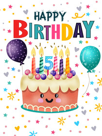 Celebrate turning 5 with our colorful, fun birthday card featuring a smiling cake and balloons!