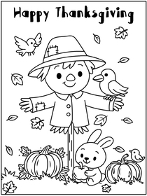 Thanksgiving coloring card with cute scarecrow, animals, and festive pumpkins.