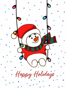 Festive card with a cheerful snowman, vibrant colors, and inclusive "Happy Holidays" message.