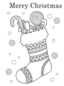 Christmas coloring card with big stocking full of candy canes and lollipops!